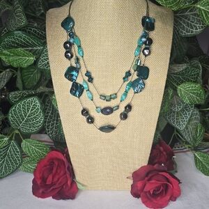 Multi-Strand Teal and Black Necklace: MOP, Abalone, Acrylic & Hematite